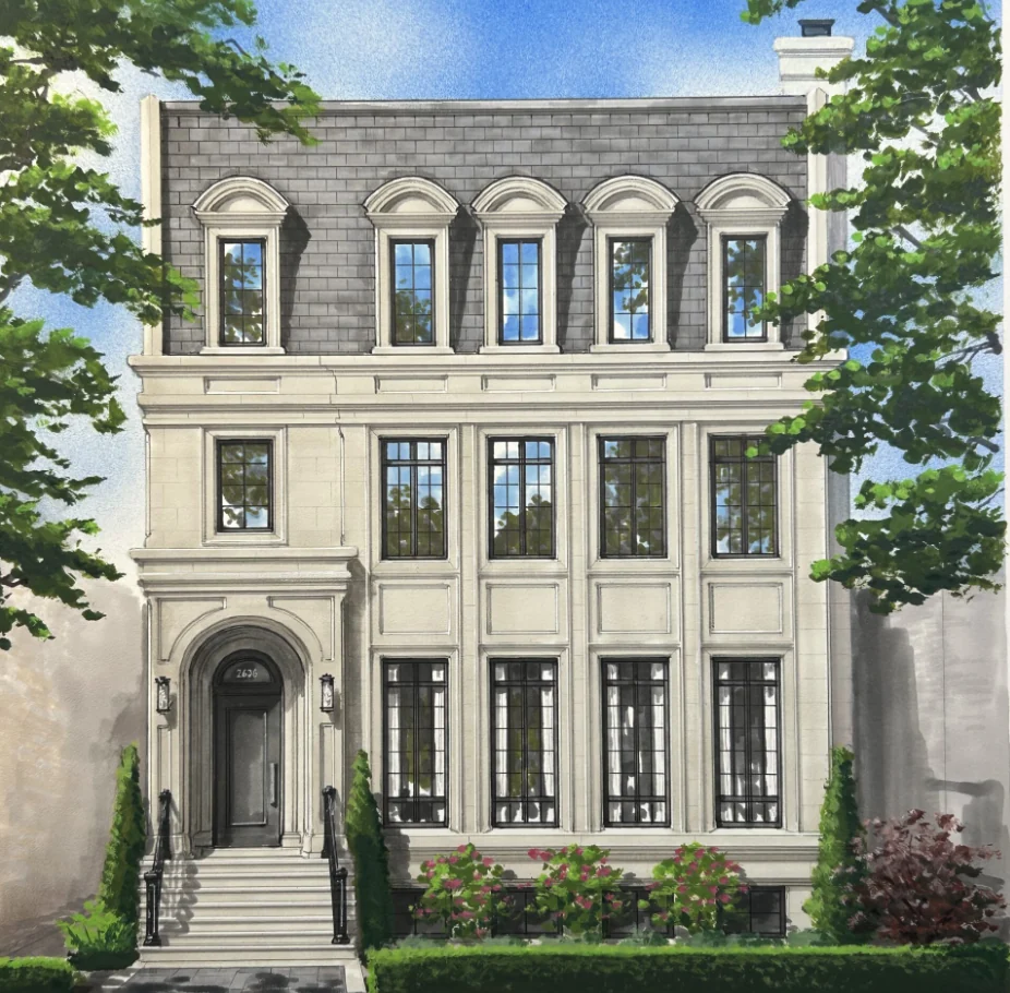 Watercolour rendering of the limestone facade at 3630 N. Janssen Avenue